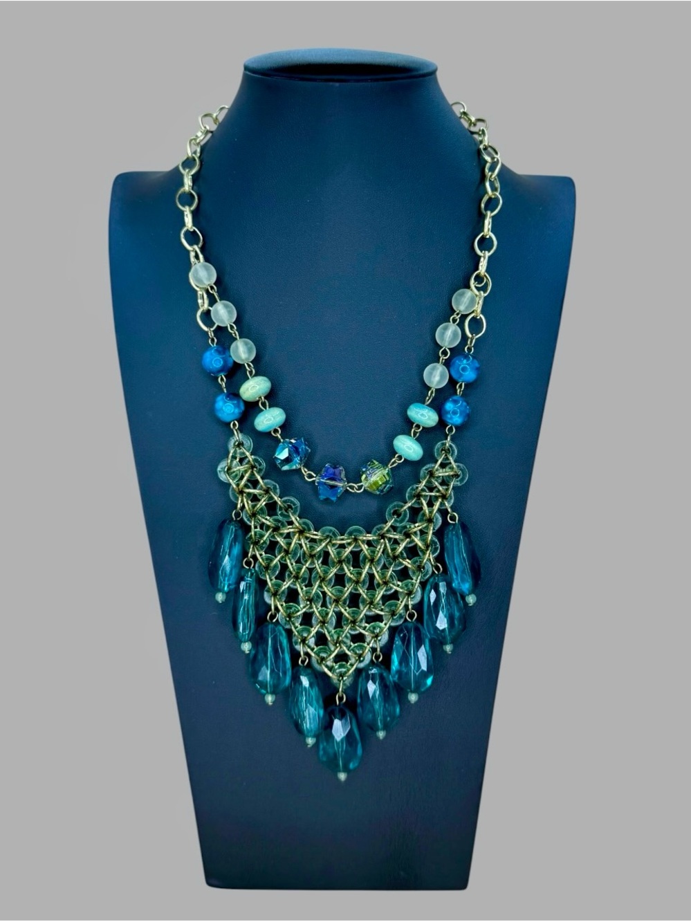 Vintage Teal Blue Beaded Bib Necklace – Layered Statement Necklace with Faceted